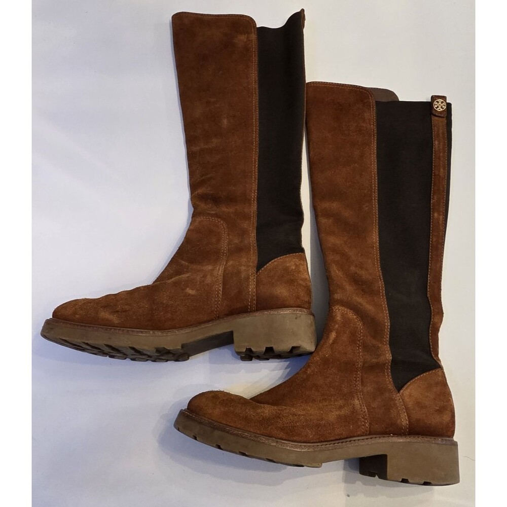 Tory Burch Brown Suede Riding Boots Womens 8M Stretch Panel Lug Sole Landon
